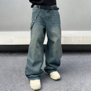 Men Work Denim Pants Loose Baggy Wide Straight Leg Multi Pocket Casual Denim Trouser Baggy Jeans Pants