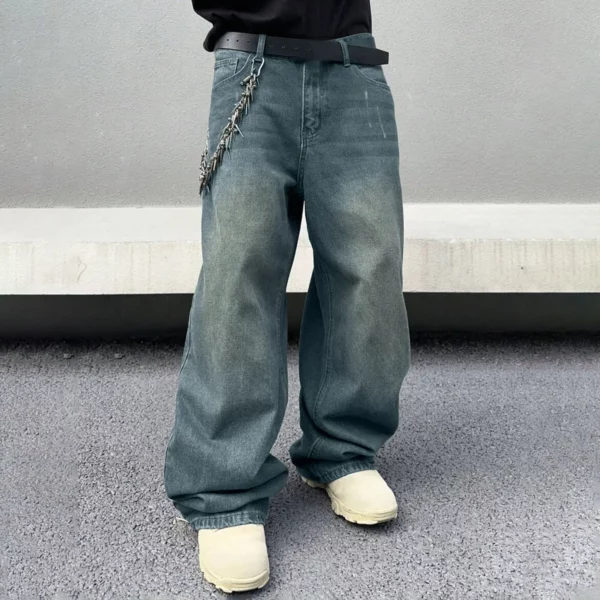 Men Work Denim Pants Loose Baggy Wide Straight Leg Multi Pocket Casual Denim Trouser Baggy Jeans Pants